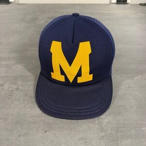 Vintage Michigan Wolverines Snapback Hat Trucker Cap Navy Blue Big Logo USA Made